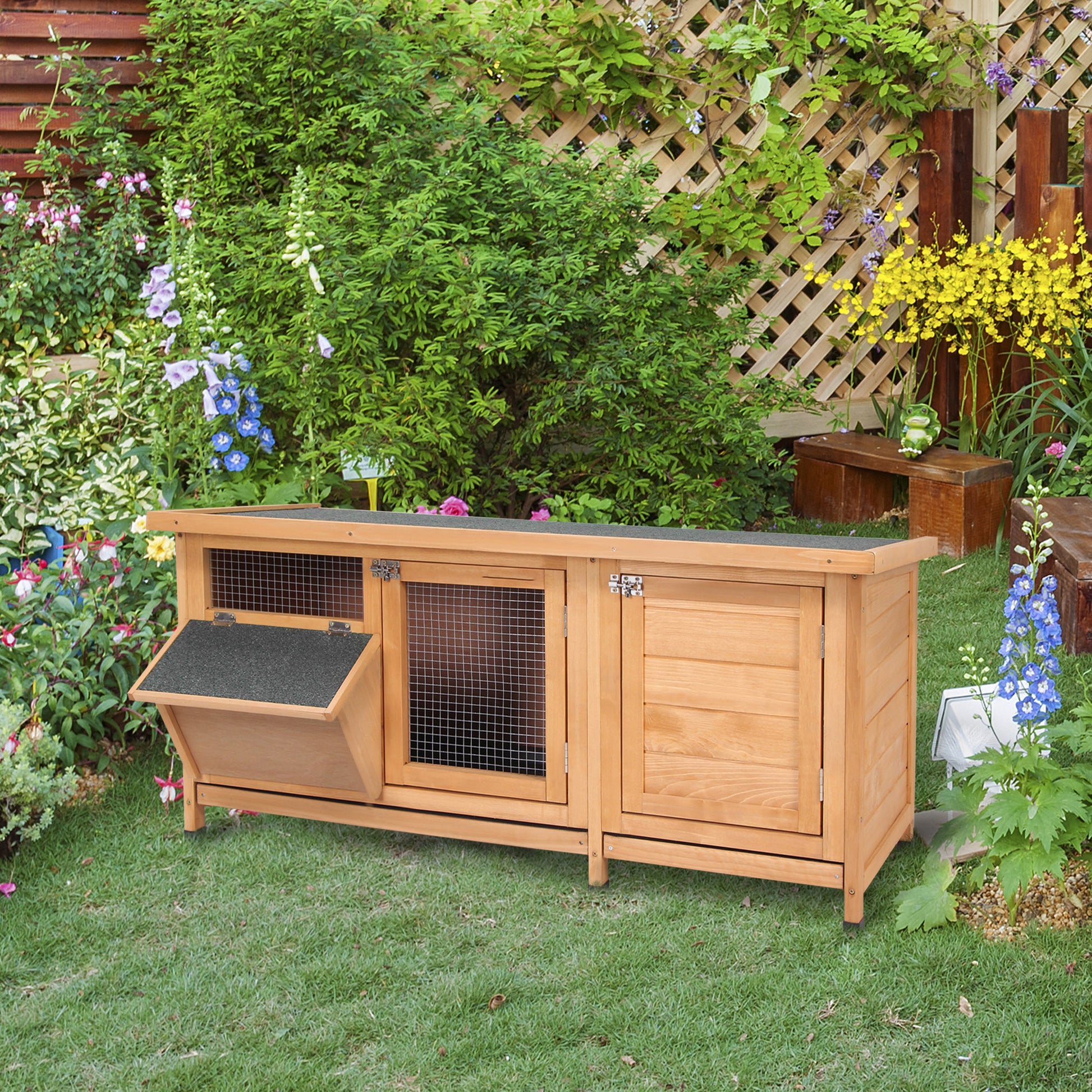 Small Animal Cage with Tray Small Animal House with Asphalt Roof and Feeding Trough Outdoor Indoor Fir Wood Natural+Black 112 x 50 x 54 cm