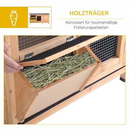 Small Animal Cage with Tray Small Animal House with Asphalt Roof and Feeding Trough Outdoor Indoor Fir Wood Natural+Black 112 x 50 x 54 cm