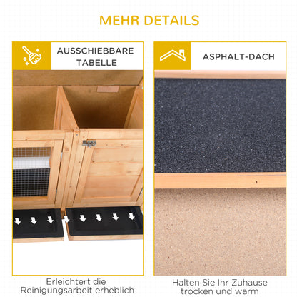 Small Animal Cage with Tray Small Animal House with Asphalt Roof and Feeding Trough Outdoor Indoor Fir Wood Natural+Black 112 x 50 x 54 cm