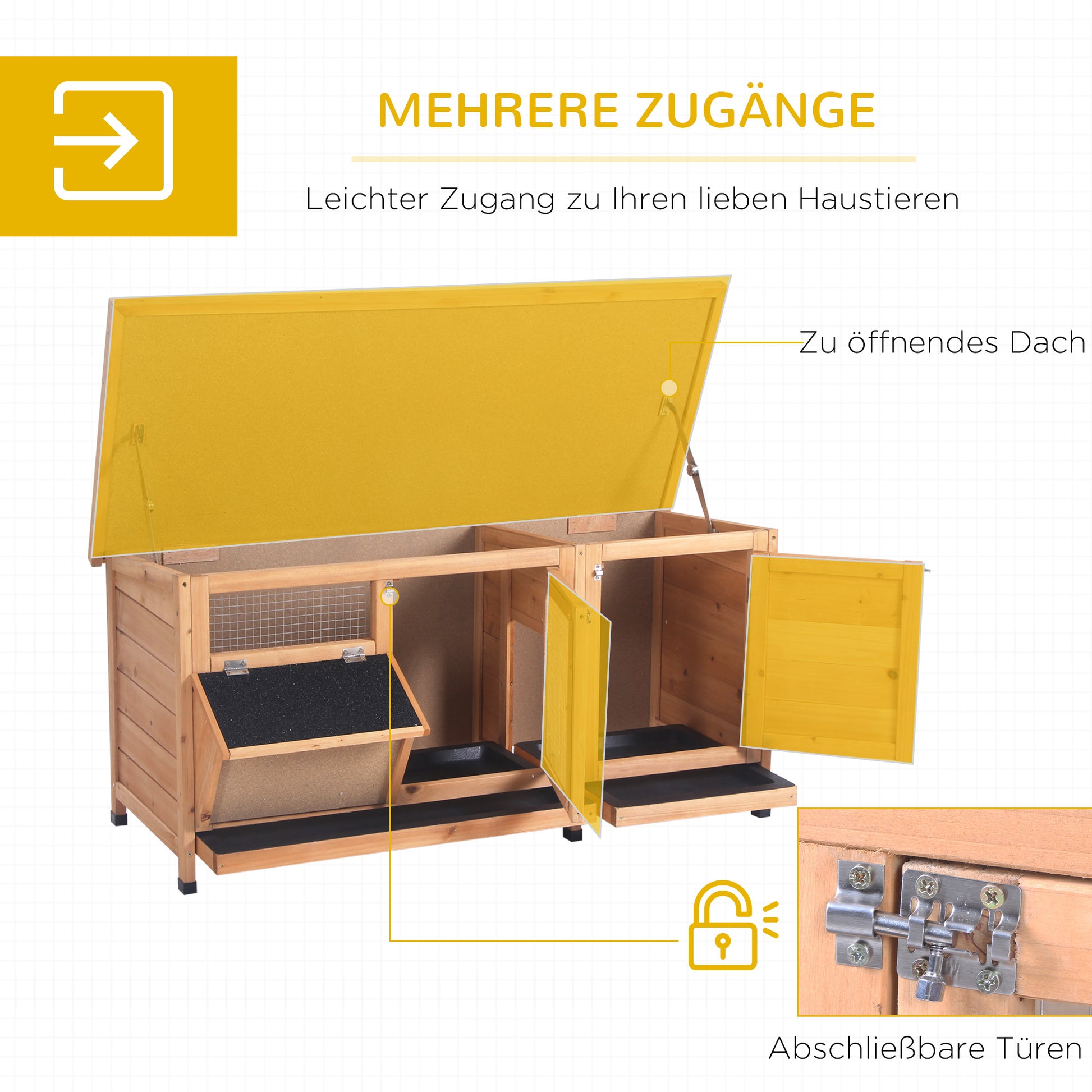 Small Animal Cage with Tray Small Animal House with Asphalt Roof and Feeding Trough Outdoor Indoor Fir Wood Natural+Black 112 x 50 x 54 cm