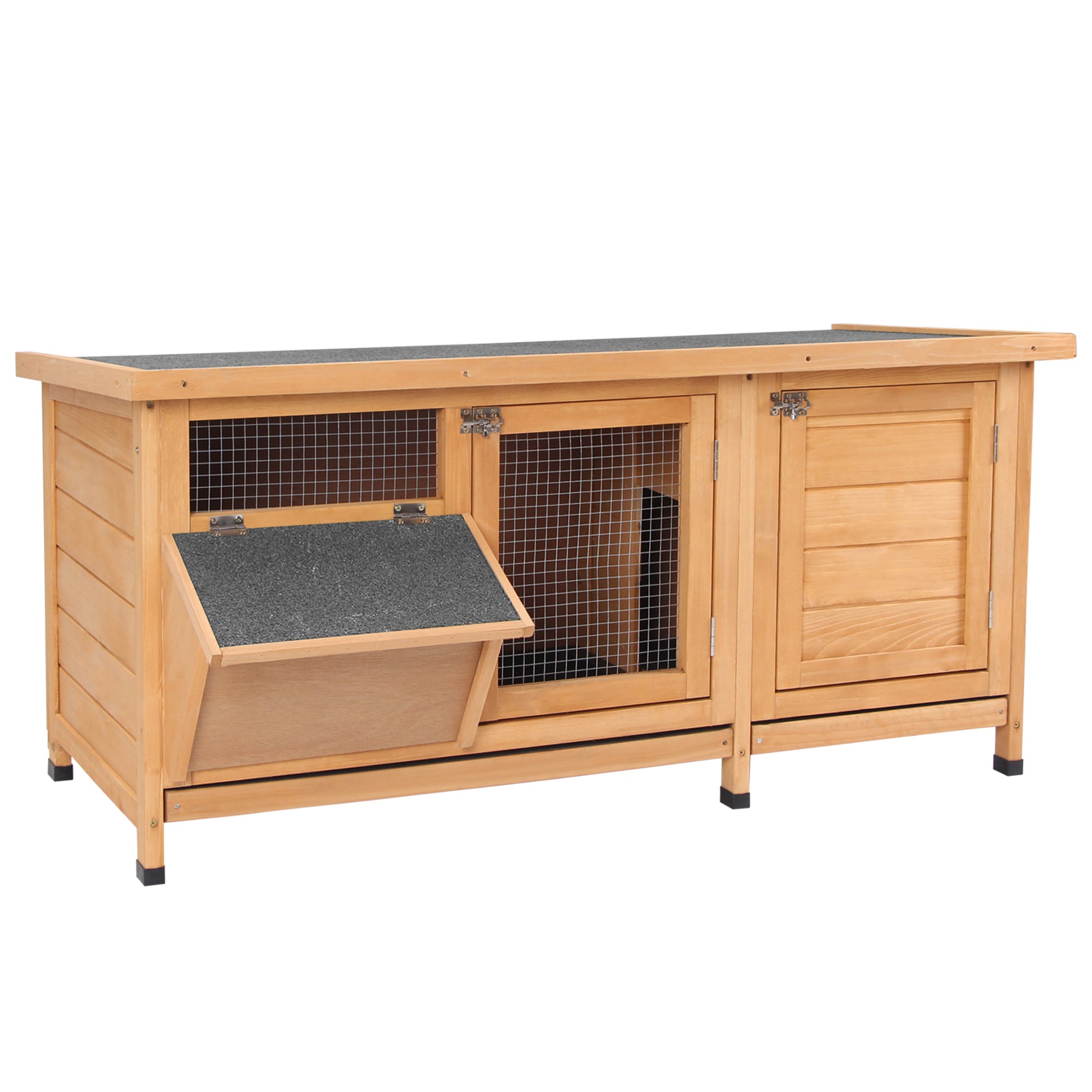 Small Animal Cage with Tray Small Animal House with Asphalt Roof and Feeding Trough Outdoor Indoor Fir Wood Natural+Black 112 x 50 x 54 cm
