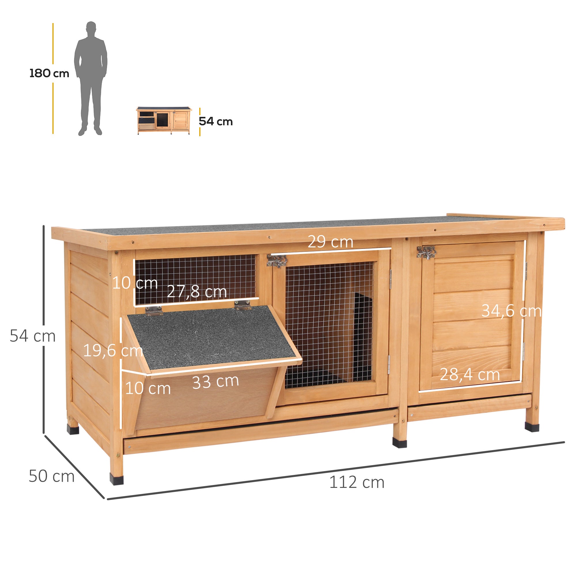 Small Animal Cage with Tray Small Animal House with Asphalt Roof and Feeding Trough Outdoor Indoor Fir Wood Natural+Black 112 x 50 x 54 cm