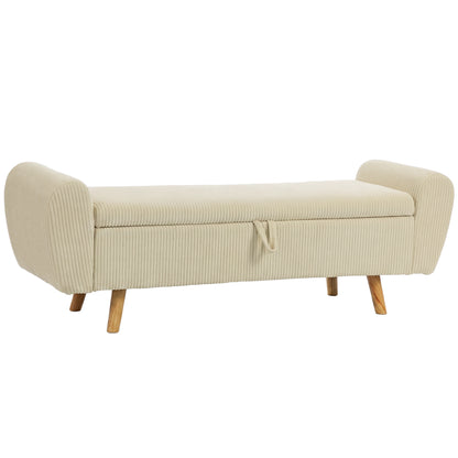 73 L Storage Bench, 59 x 17.7 x 20 in (150 x 45 x 51 cm), Upholstered Corduroy Velvet with Armrests and Hevea Wood Legs, Beige