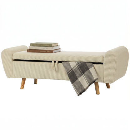 73 L Storage Bench, 59 x 17.7 x 20 in (150 x 45 x 51 cm), Upholstered Corduroy Velvet with Armrests and Hevea Wood Legs, Beige