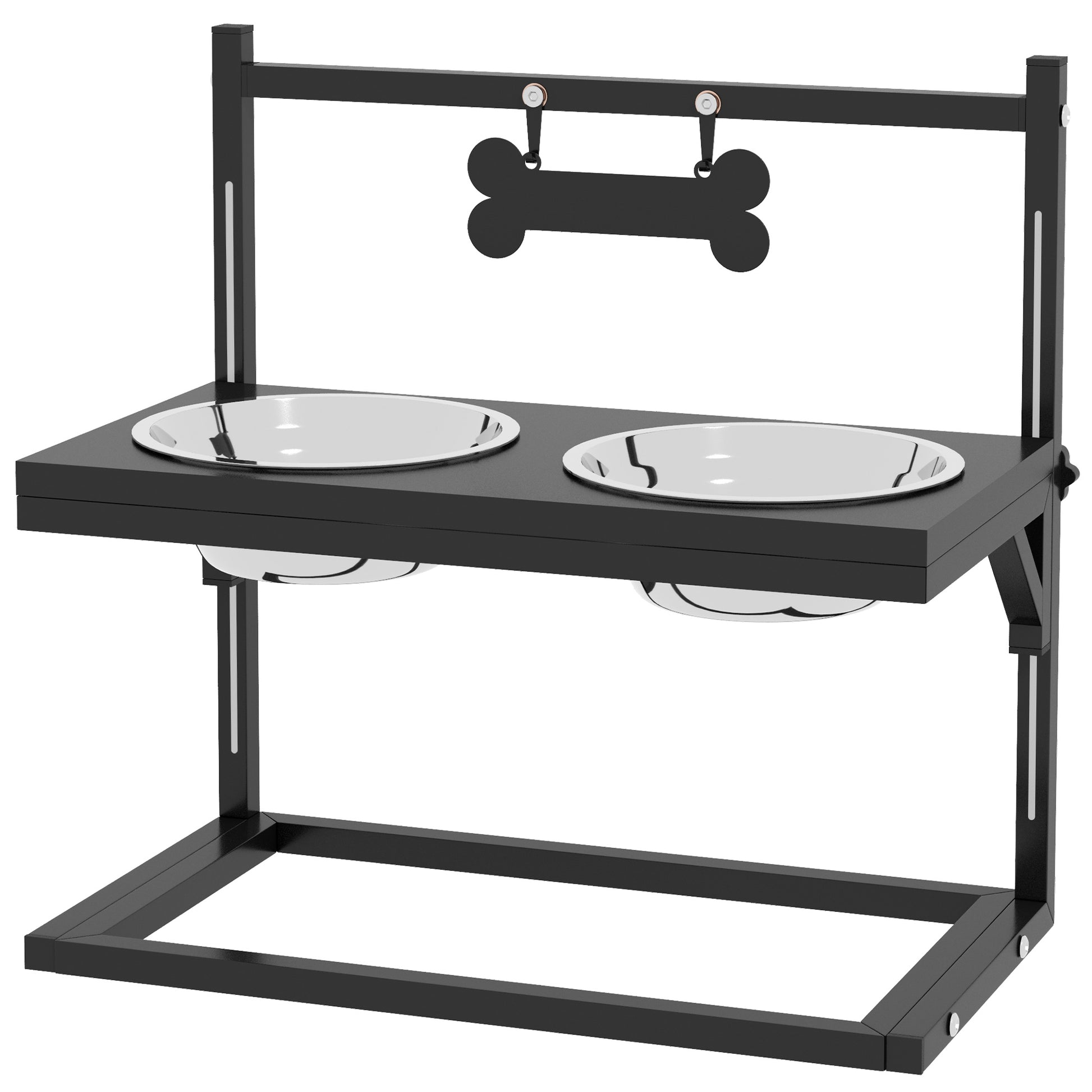 Elevated Dog Bowl Height Adjustable Food Bowl with Stand Bone-Shaped Metal Plate, 2 x 900ml Stainless Steel Bowls Adjustable Dog Bowls Feeding Bowl Feeding Station for Dogs Cats Black