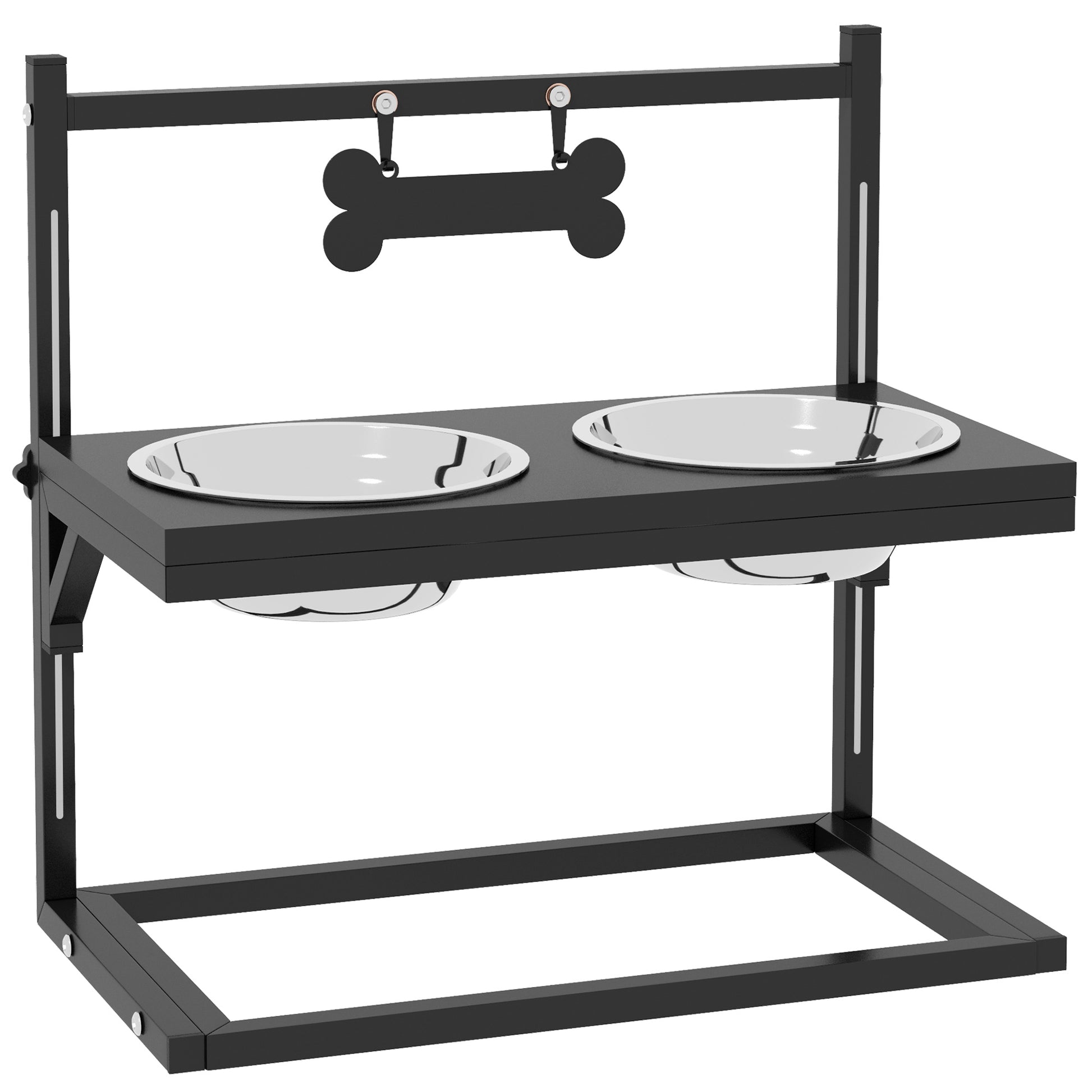 Elevated Dog Bowl Height Adjustable Food Bowl with Stand Bone-Shaped Metal Plate, 2 x 900ml Stainless Steel Bowls Adjustable Dog Bowls Feeding Bowl Feeding Station for Dogs Cats Black