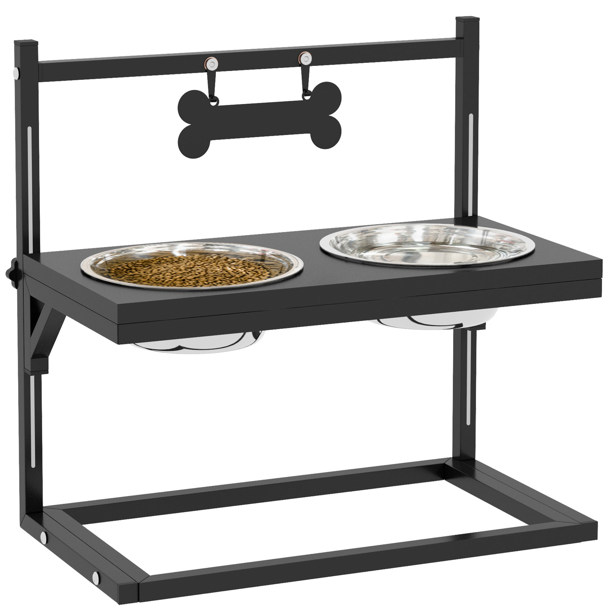 Elevated Dog Bowl Height Adjustable Food Bowl with Stand Bone-Shaped Metal Plate, 2 x 900ml Stainless Steel Bowls Adjustable Dog Bowls Feeding Bowl Feeding Station for Dogs Cats Black