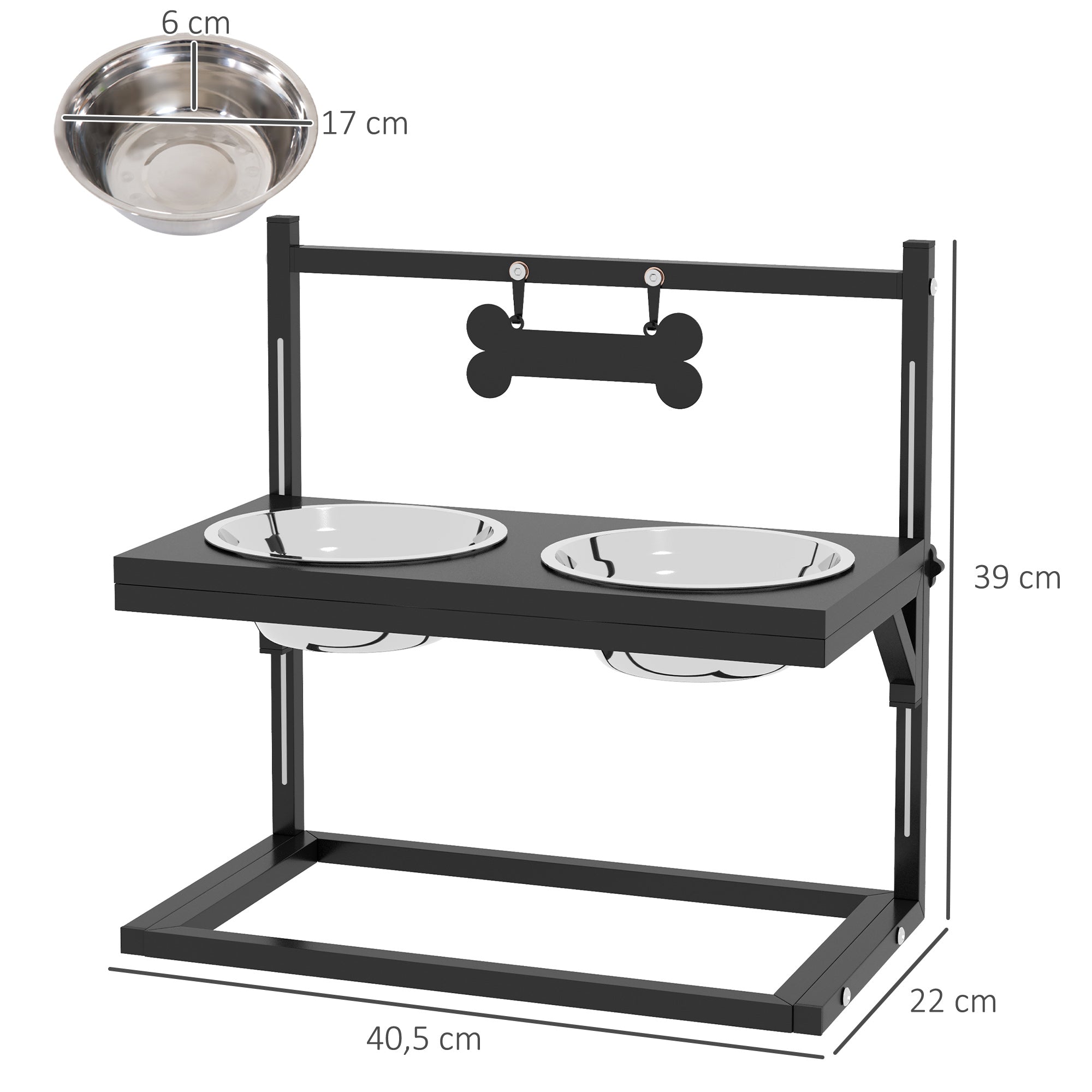 Elevated Dog Bowl Height Adjustable Food Bowl with Stand Bone-Shaped Metal Plate, 2 x 900ml Stainless Steel Bowls Adjustable Dog Bowls Feeding Bowl Feeding Station for Dogs Cats Black