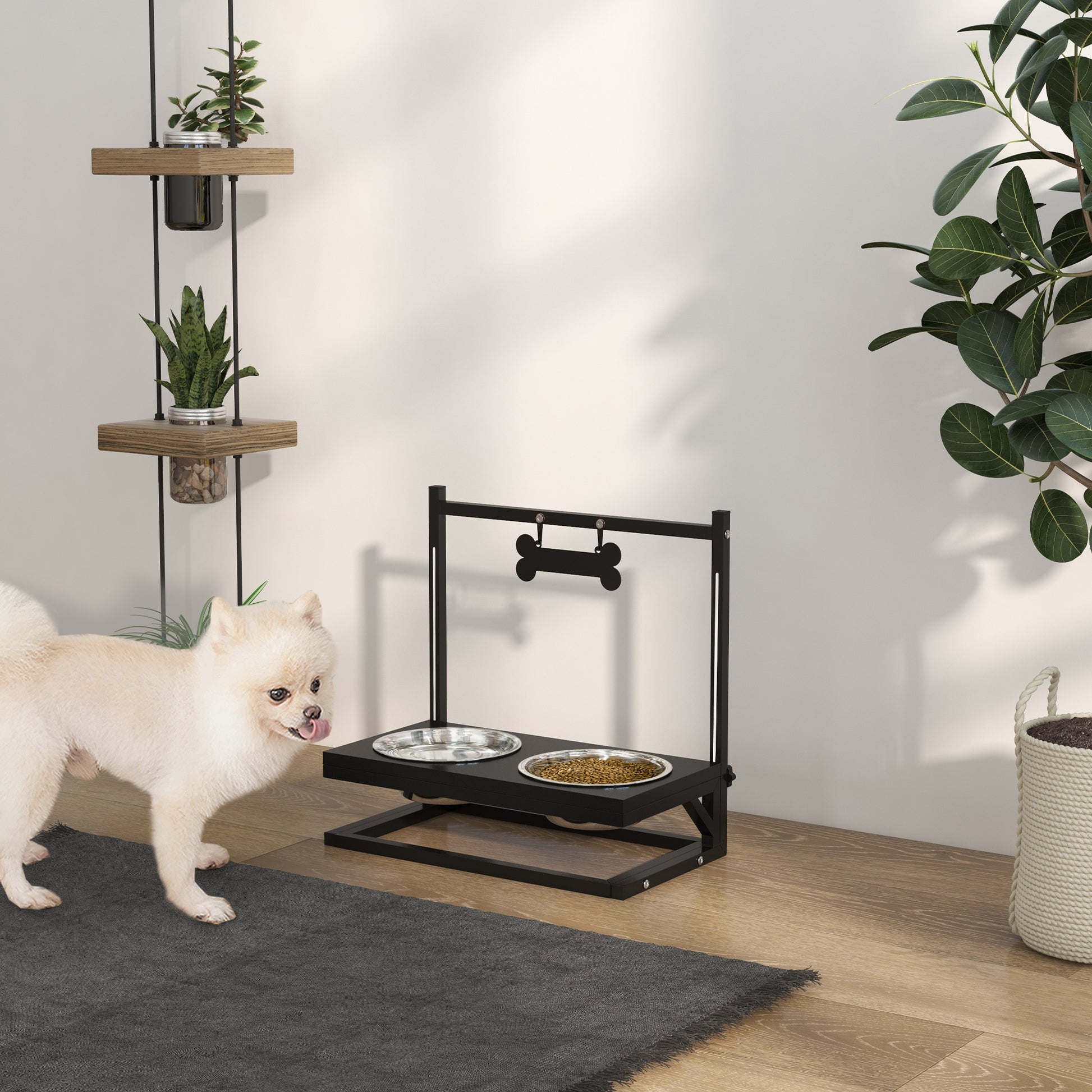 Elevated Dog Bowl Height Adjustable Food Bowl with Stand Bone-Shaped Metal Plate, 2 x 900ml Stainless Steel Bowls Adjustable Dog Bowls Feeding Bowl Feeding Station for Dogs Cats Black