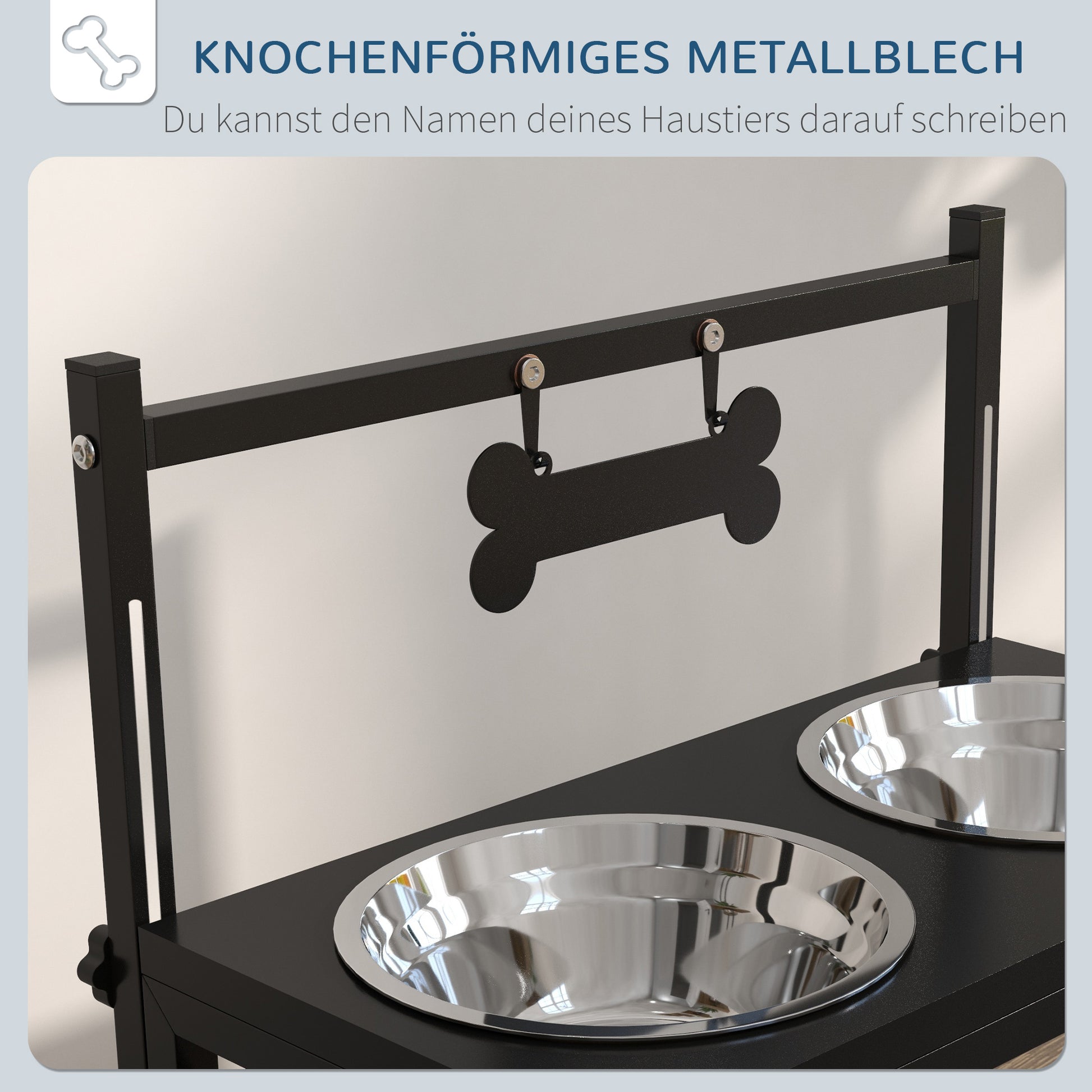 Elevated Dog Bowl Height Adjustable Food Bowl with Stand Bone-Shaped Metal Plate, 2 x 900ml Stainless Steel Bowls Adjustable Dog Bowls Feeding Bowl Feeding Station for Dogs Cats Black