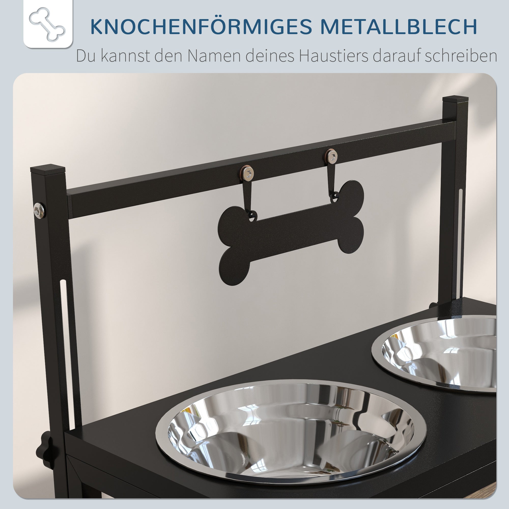 Elevated Dog Bowl Height Adjustable Food Bowl with Stand Bone-Shaped Metal Plate, 2 x 900ml Stainless Steel Bowls Adjustable Dog Bowls Feeding Bowl Feeding Station for Dogs Cats Black