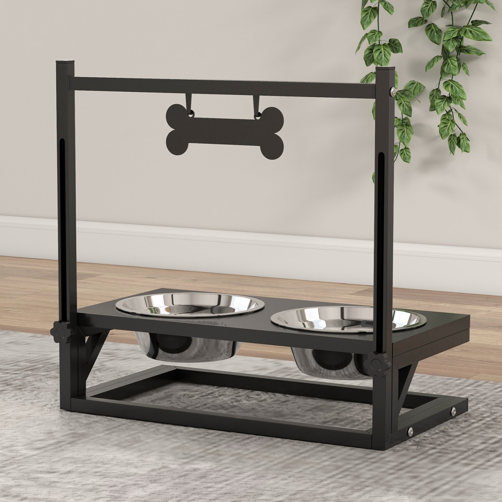 Elevated Dog Bowl Height Adjustable Food Bowl with Stand Bone-Shaped Metal Plate, 2 x 900ml Stainless Steel Bowls Adjustable Dog Bowls Feeding Bowl Feeding Station for Dogs Cats Black