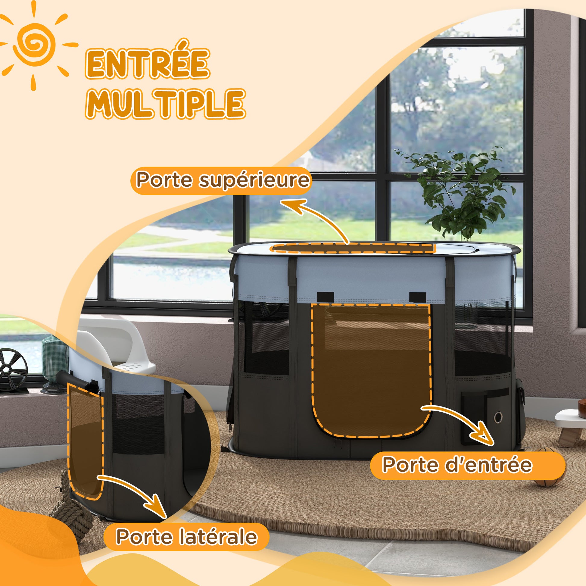 Oxford Fabric Dog Park, Puppy Park, Outdoor Enclosure for Animals, with Storage Pockets, Foldable Enclosure for Dogs and Puppies, 84 x 64 x 53 cm, Gray and Black