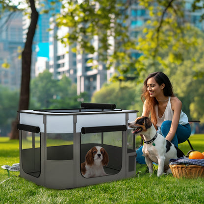 Oxford Fabric Dog Park, Puppy Park, Outdoor Enclosure for Animals, with Storage Pockets, Foldable Enclosure for Dogs and Puppies, 84 x 64 x 53 cm, Gray and Black