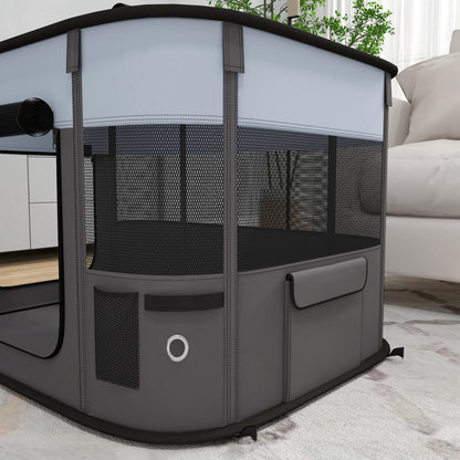 Oxford Fabric Dog Park, Puppy Park, Outdoor Enclosure for Animals, with Storage Pockets, Foldable Enclosure for Dogs and Puppies, 84 x 64 x 53 cm, Gray and Black