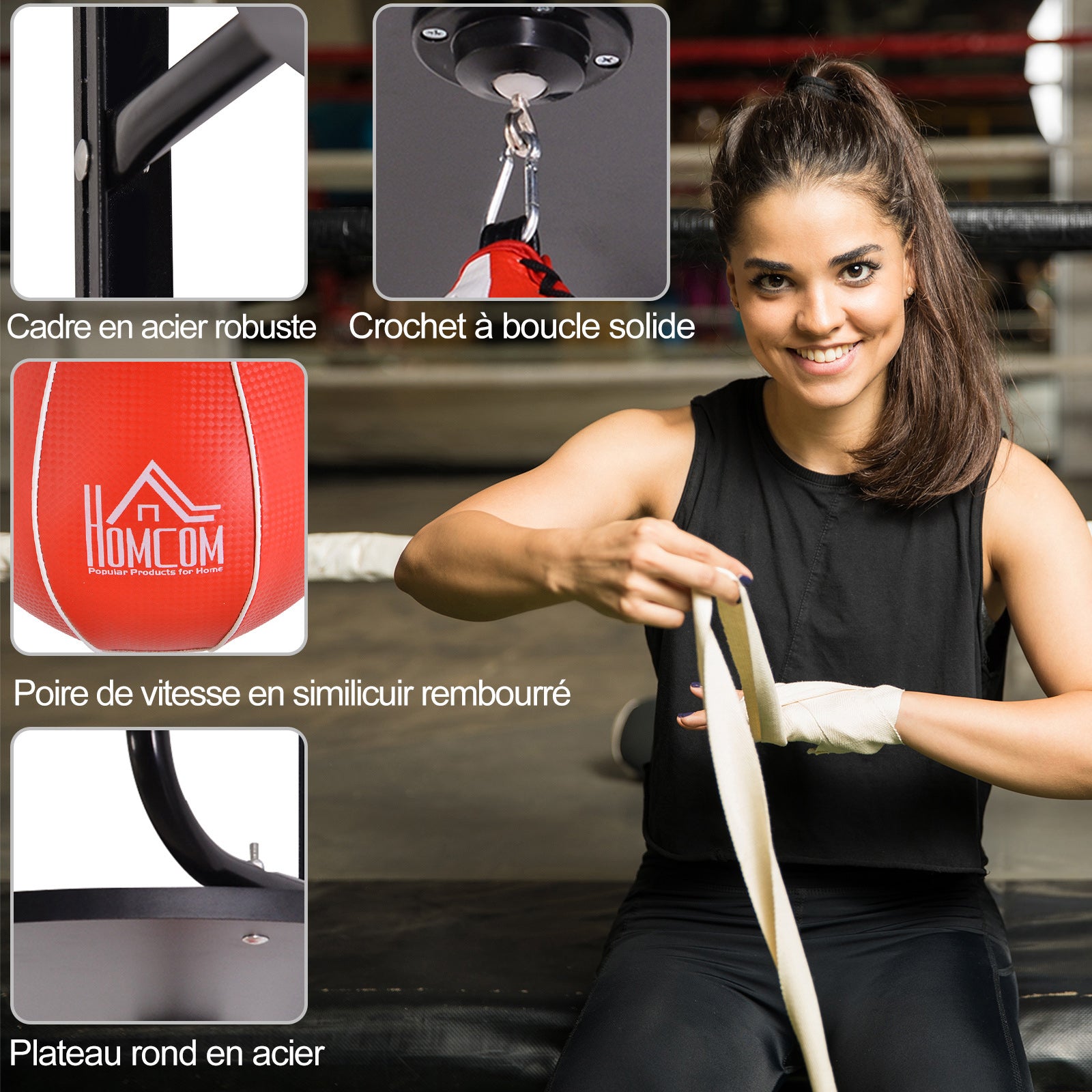 Punching Ball Speed Bag Boxing with Rotating Plate Support + Wooden Pump Adjustable Height Steel Synthetic Coating Red Black