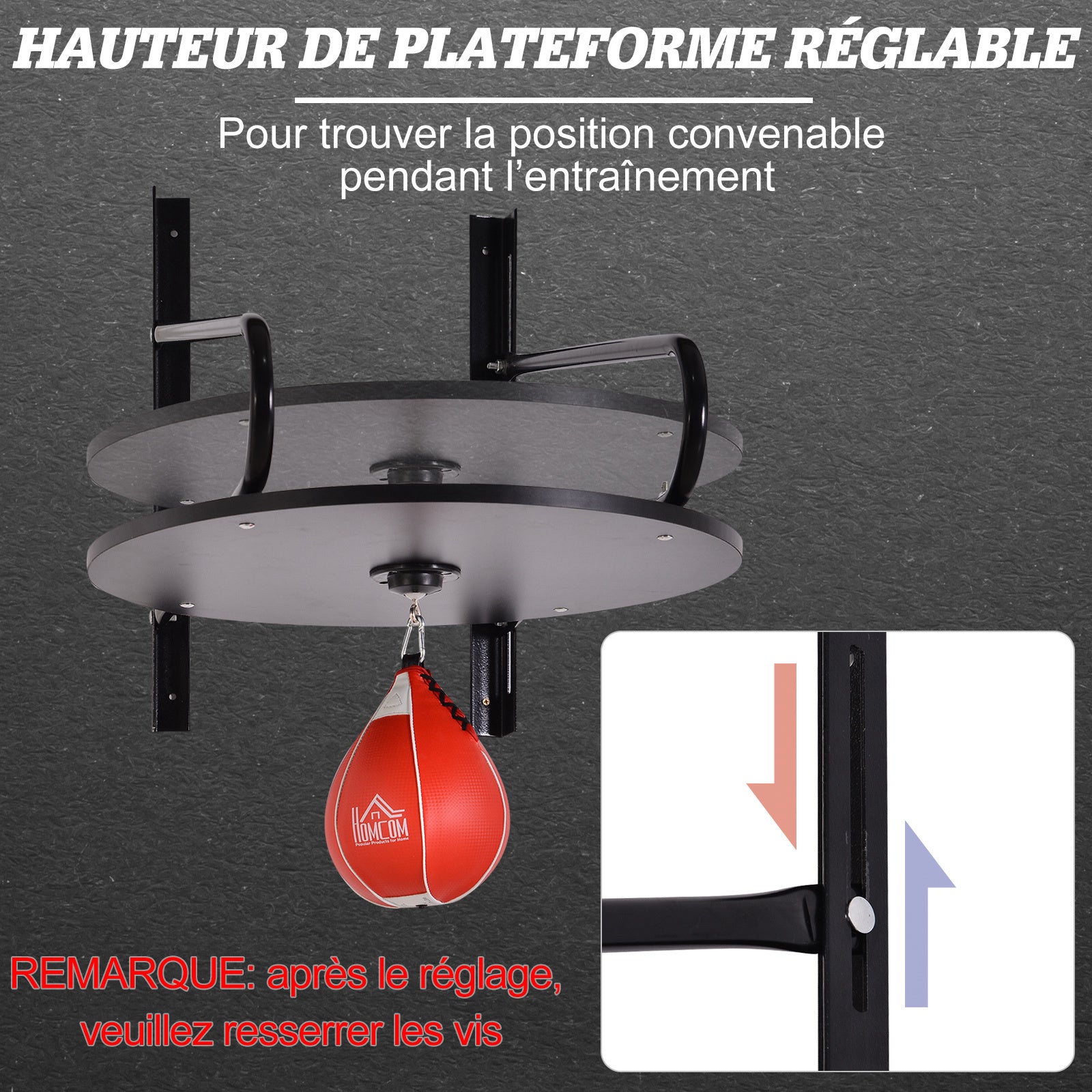 Punching Ball Speed Bag Boxing with Rotating Plate Support + Wooden Pump Adjustable Height Steel Synthetic Coating Red Black