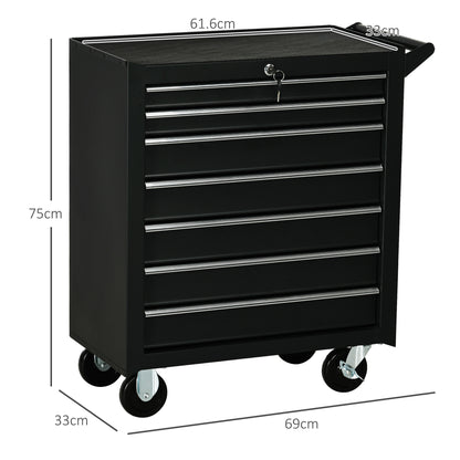 Tool Cart with 7 Drawers, EVA Mats, Lock and 2 Keys, Braked Wheels and Handle, Steel for Garage, Black