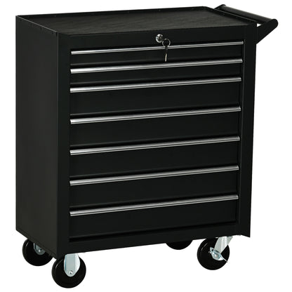 Tool Cart with 7 Drawers, EVA Mats, Lock and 2 Keys, Braked Wheels and Handle, Steel for Garage, Black
