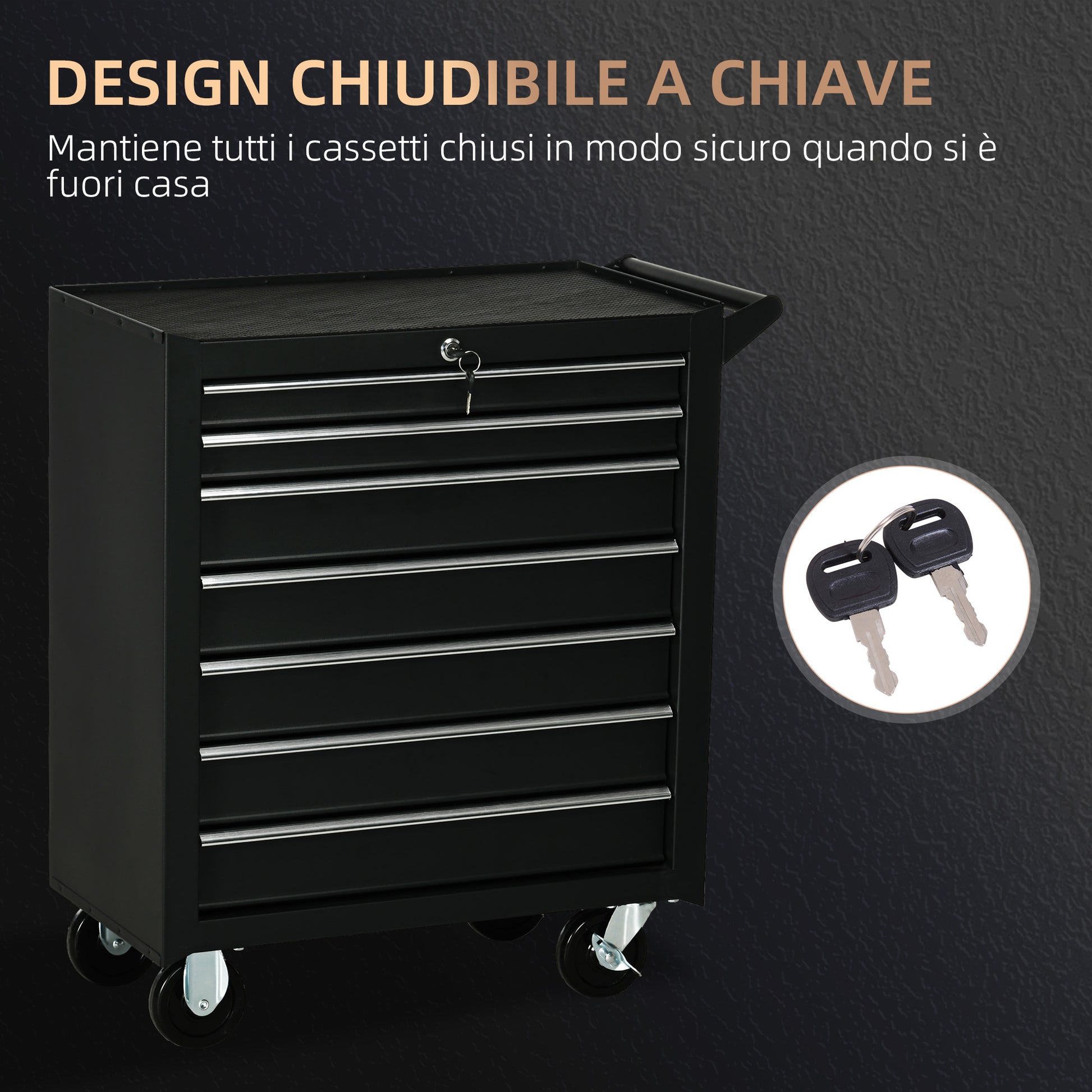 Tool Cart with 7 Drawers, EVA Mats, Lock and 2 Keys, Braked Wheels and Handle, Steel for Garage, Black
