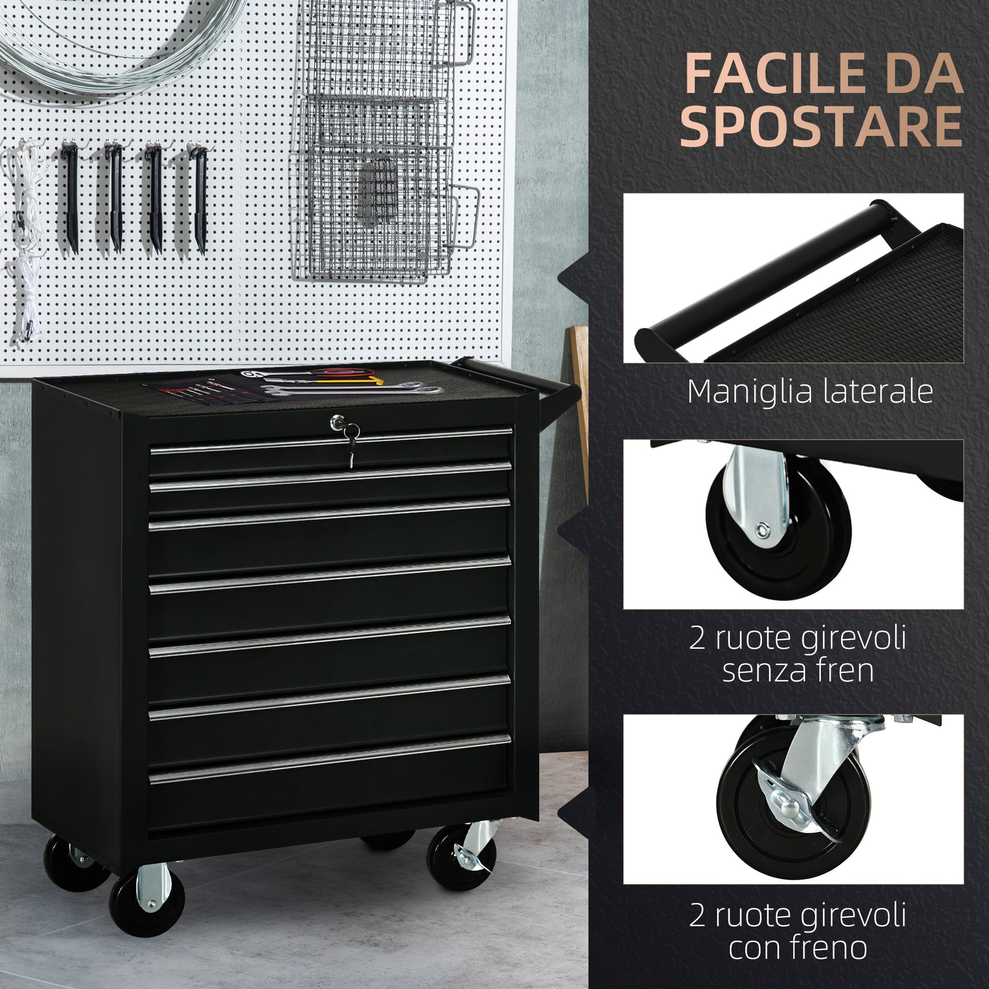 Tool Cart with 7 Drawers, EVA Mats, Lock and 2 Keys, Braked Wheels and Handle, Steel for Garage, Black