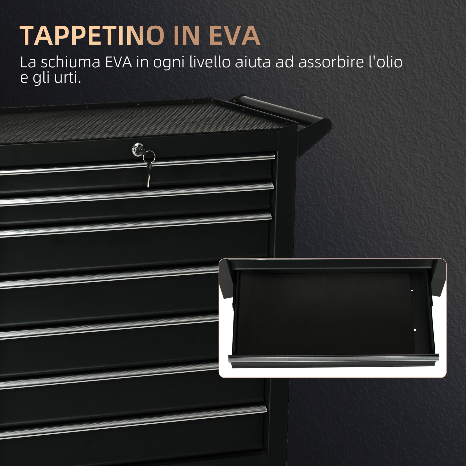 Tool Cart with 7 Drawers, EVA Mats, Lock and 2 Keys, Braked Wheels and Handle, Steel for Garage, Black
