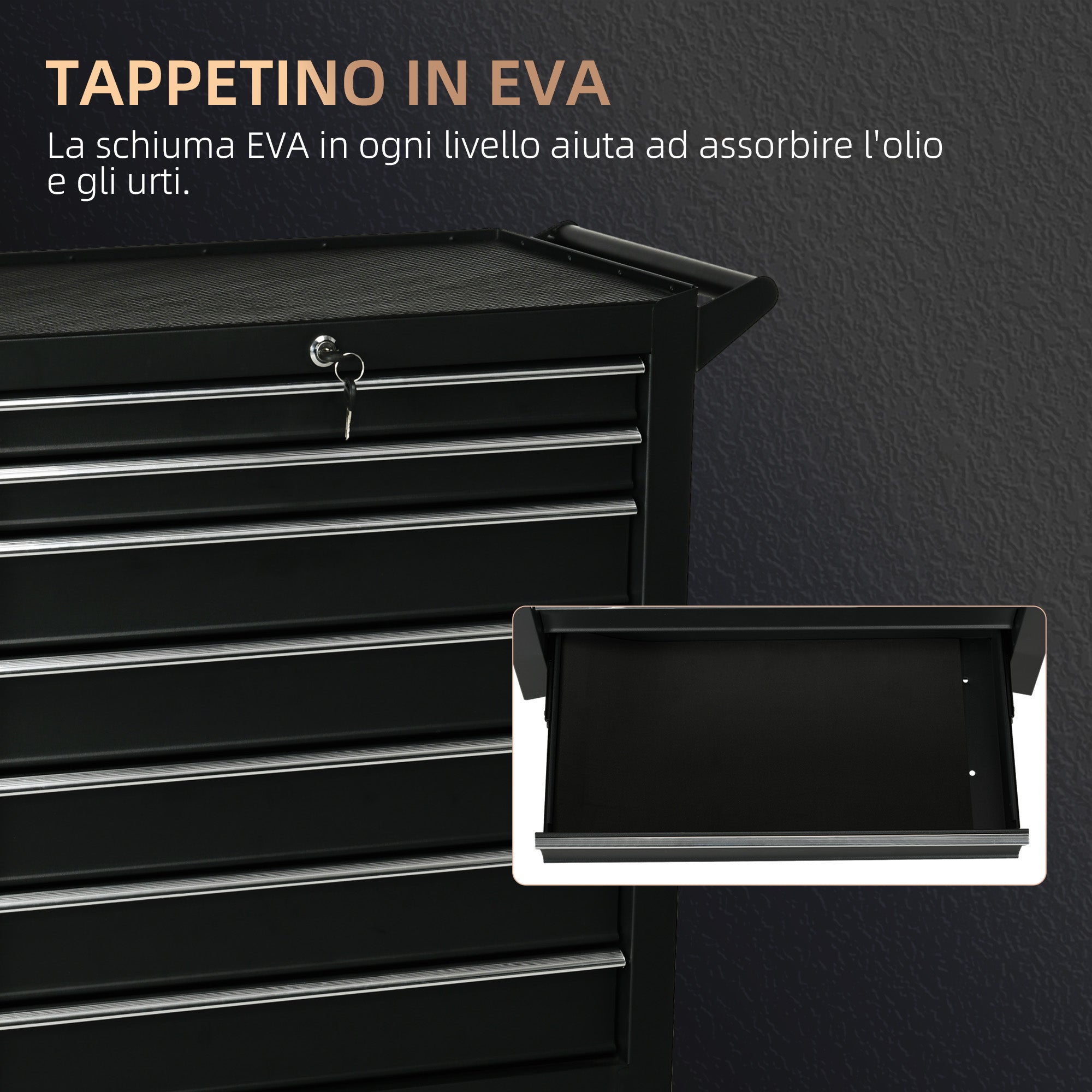 Tool Cart with 7 Drawers, EVA Mats, Lock and 2 Keys, Braked Wheels and Handle, Steel for Garage, Black