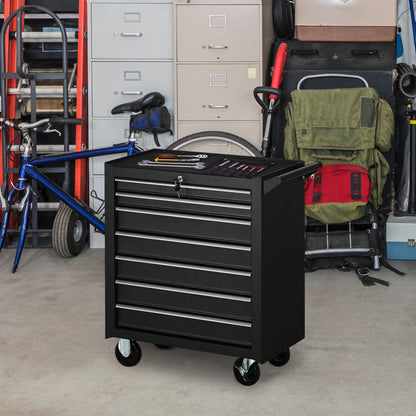 Tool Cart with 7 Drawers, EVA Mats, Lock and 2 Keys, Braked Wheels and Handle, Steel for Garage, Black