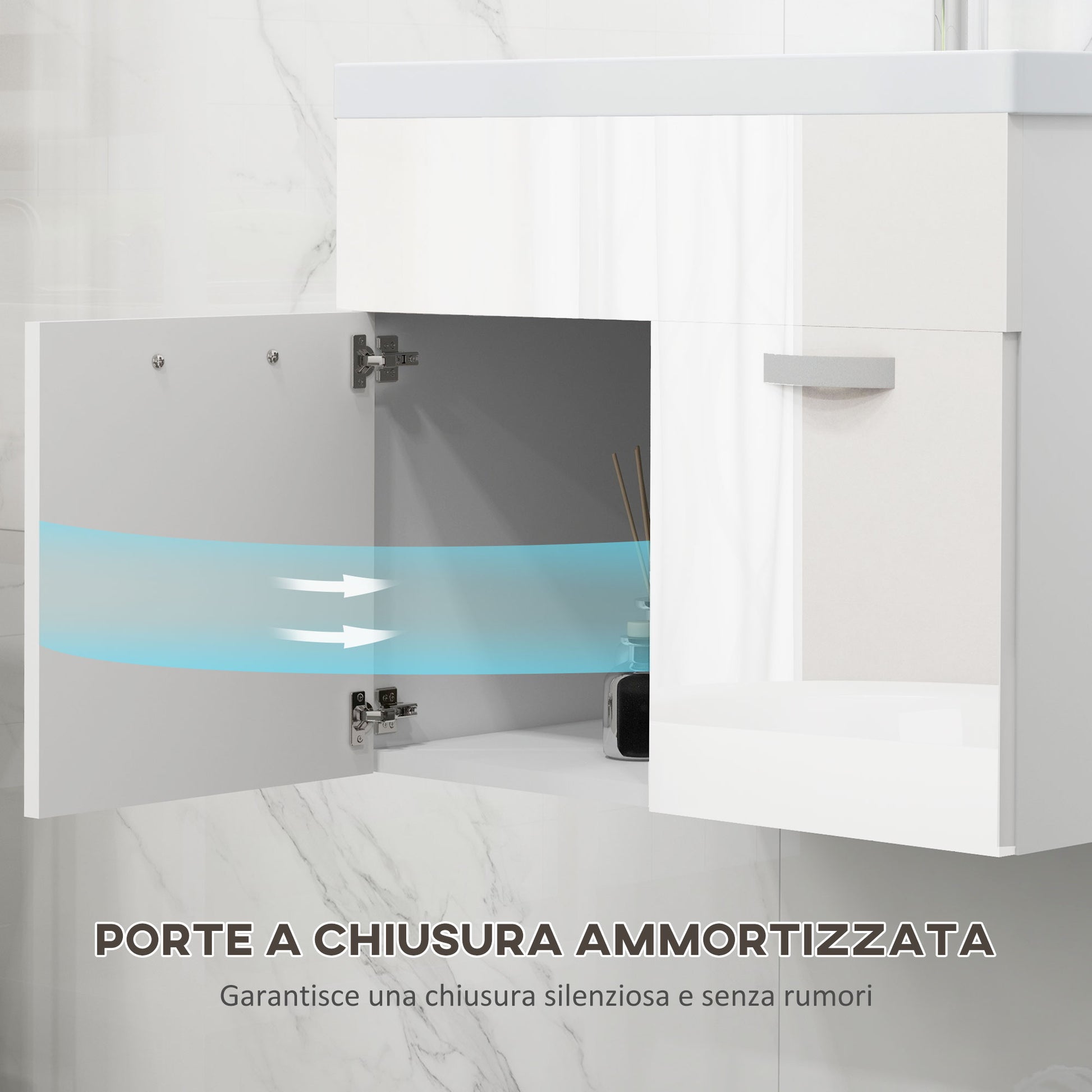 Wall-Hung Bathroom Vanity Unit with Sink, 2 Doors with Soft-Close Hinges, 61x40x50cm, Glossy White