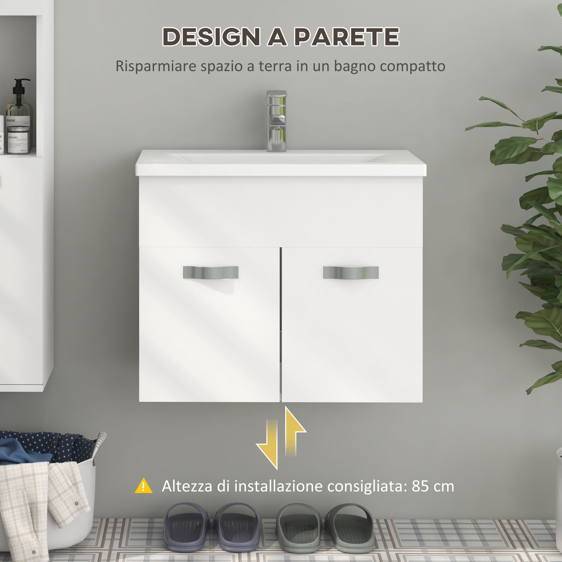 Wall-Hung Bathroom Vanity Unit with Sink, 2 Doors with Soft-Close Hinges, 61x40x50cm, Glossy White