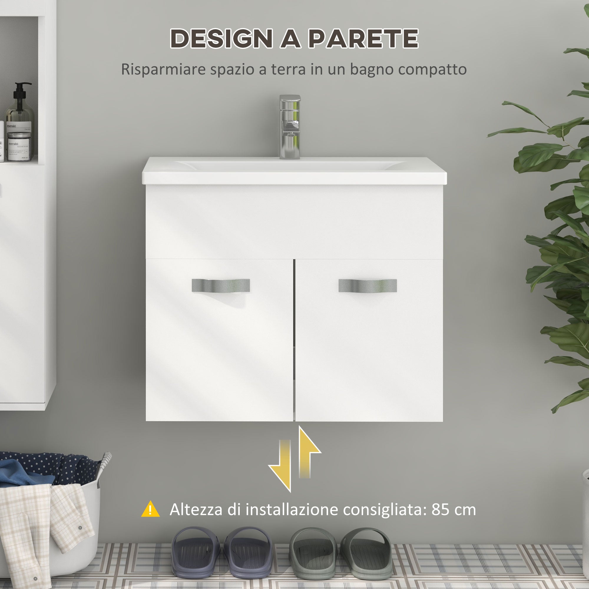 Wall-Hung Bathroom Vanity Unit with Sink, 2 Doors with Soft-Close Hinges, 61x40x50cm, Glossy White