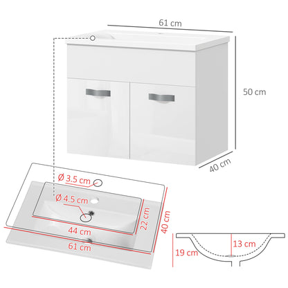 Wall-Hung Bathroom Vanity Unit with Sink, 2 Doors with Soft-Close Hinges, 61x40x50cm, Glossy White