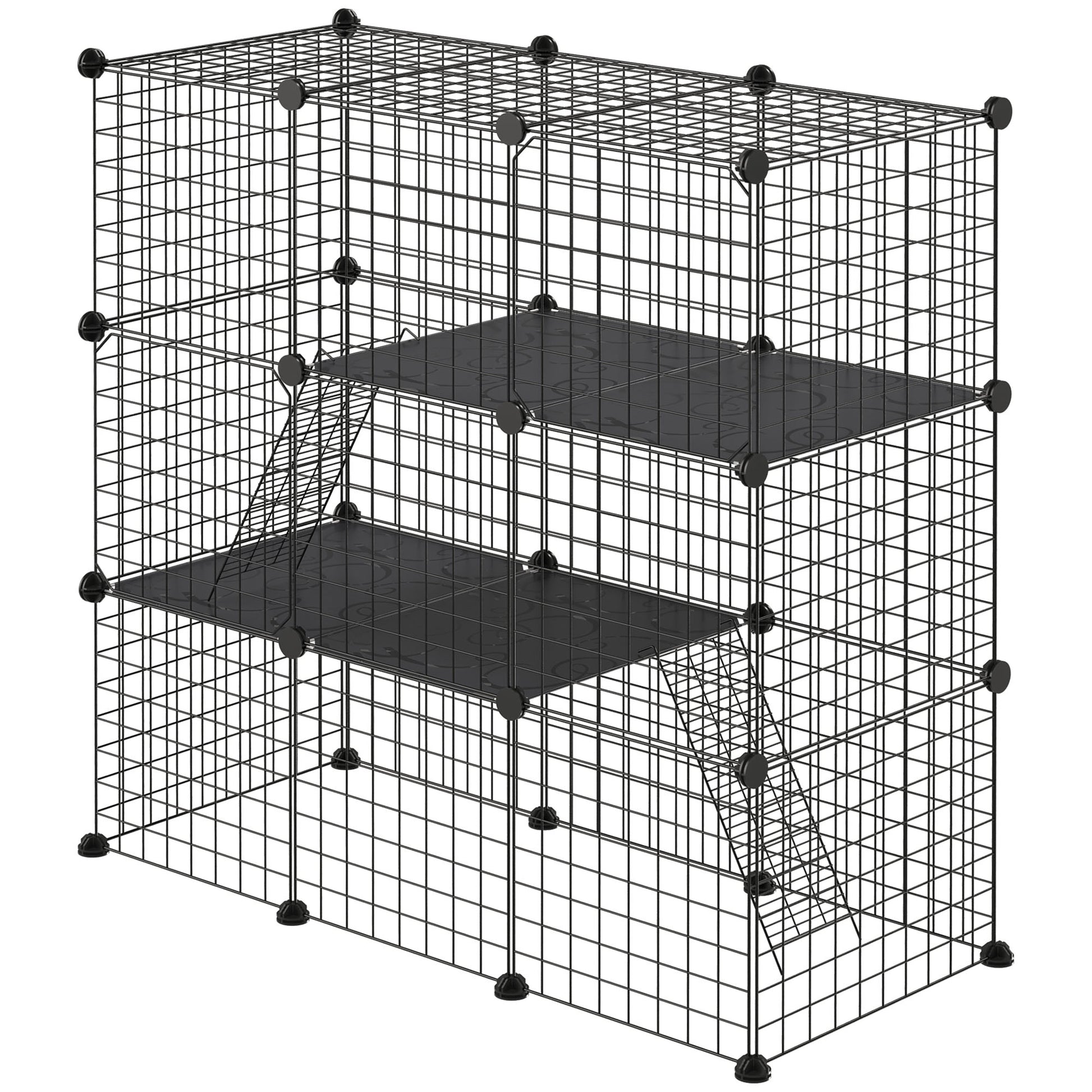 Small Animal Cage with 31 Panels DIY Pet Playpen with Ramp Enclosure for Kittens Rabbits Chinchillas 105x45x105 cm Black