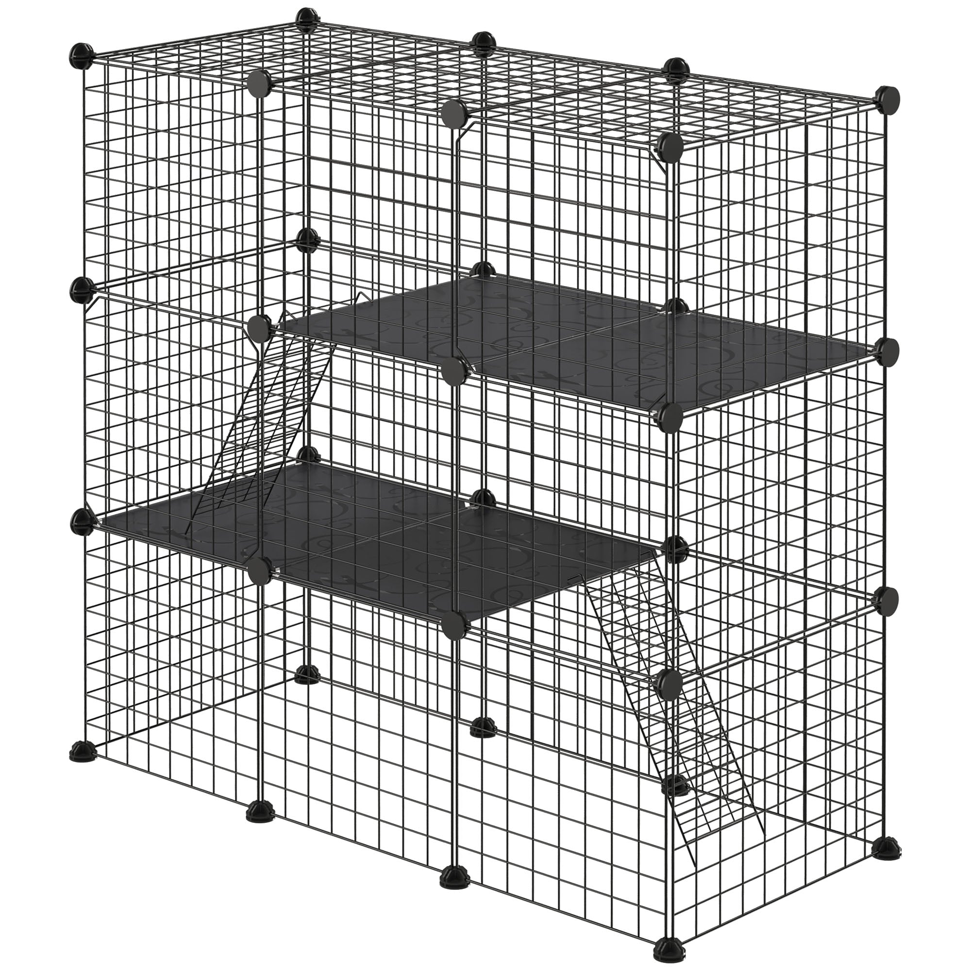 Small Animal Cage with 31 Panels DIY Pet Playpen with Ramp Enclosure for Kittens Rabbits Chinchillas 105x45x105 cm Black