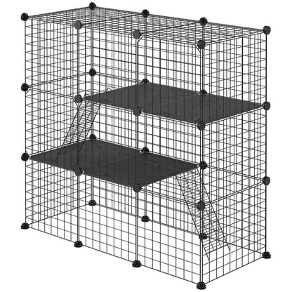 Small Animal Cage with 31 Panels DIY Pet Playpen with Ramp Enclosure for Kittens Rabbits Chinchillas 105x45x105 cm Black