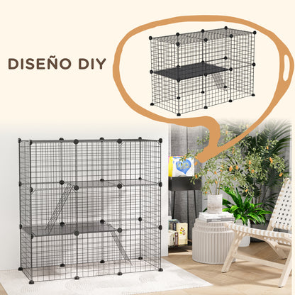 Small Animal Cage with 31 Panels DIY Pet Playpen with Ramp Enclosure for Kittens Rabbits Chinchillas 105x45x105 cm Black