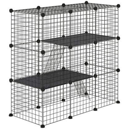Small Animal Cage with 31 Panels DIY Pet Playpen with Ramp Enclosure for Kittens Rabbits Chinchillas 105x45x105 cm Black
