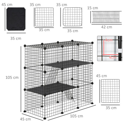 Small Animal Cage with 31 Panels DIY Pet Playpen with Ramp Enclosure for Kittens Rabbits Chinchillas 105x45x105 cm Black