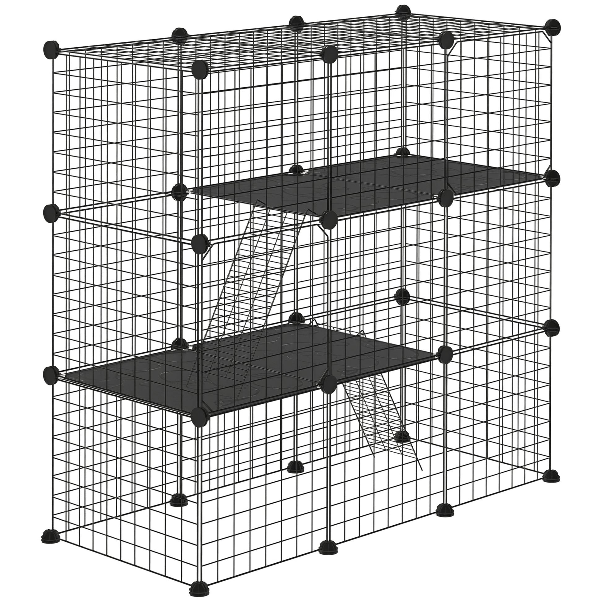 Small Animal Cage with 31 Panels DIY Pet Playpen with Ramp Enclosure for Kittens Rabbits Chinchillas 105x45x105 cm Black