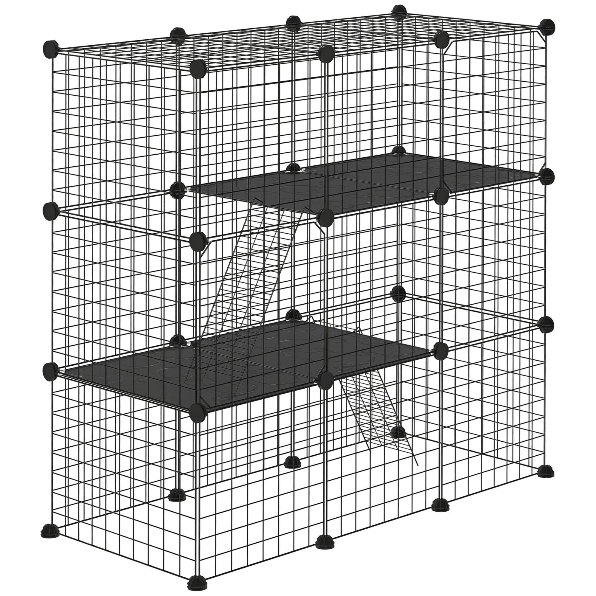 Small Animal Cage with 31 Panels DIY Pet Playpen with Ramp Enclosure for Kittens Rabbits Chinchillas 105x45x105 cm Black