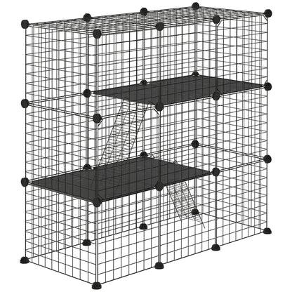 Small Animal Cage with 31 Panels DIY Pet Playpen with Ramp Enclosure for Kittens Rabbits Chinchillas 105x45x105 cm Black