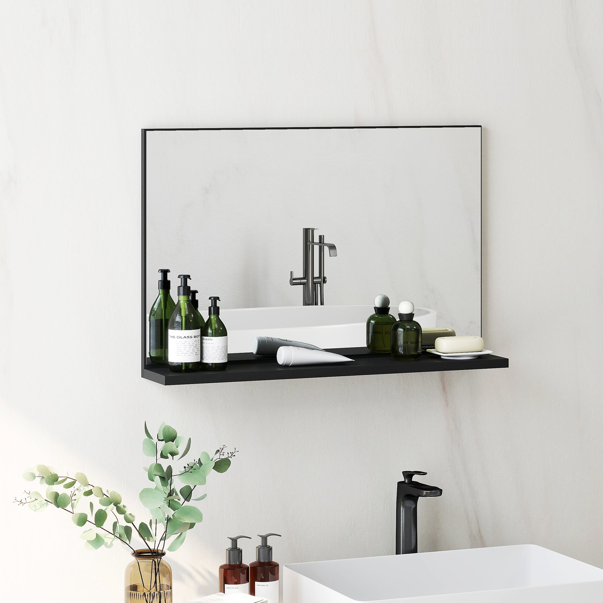 Wall Bathroom Mirror with Shelf, Modern Multipurpose Mirror for Bathroom, Bedroom, and Entryway, 60x12x40 cm, Black