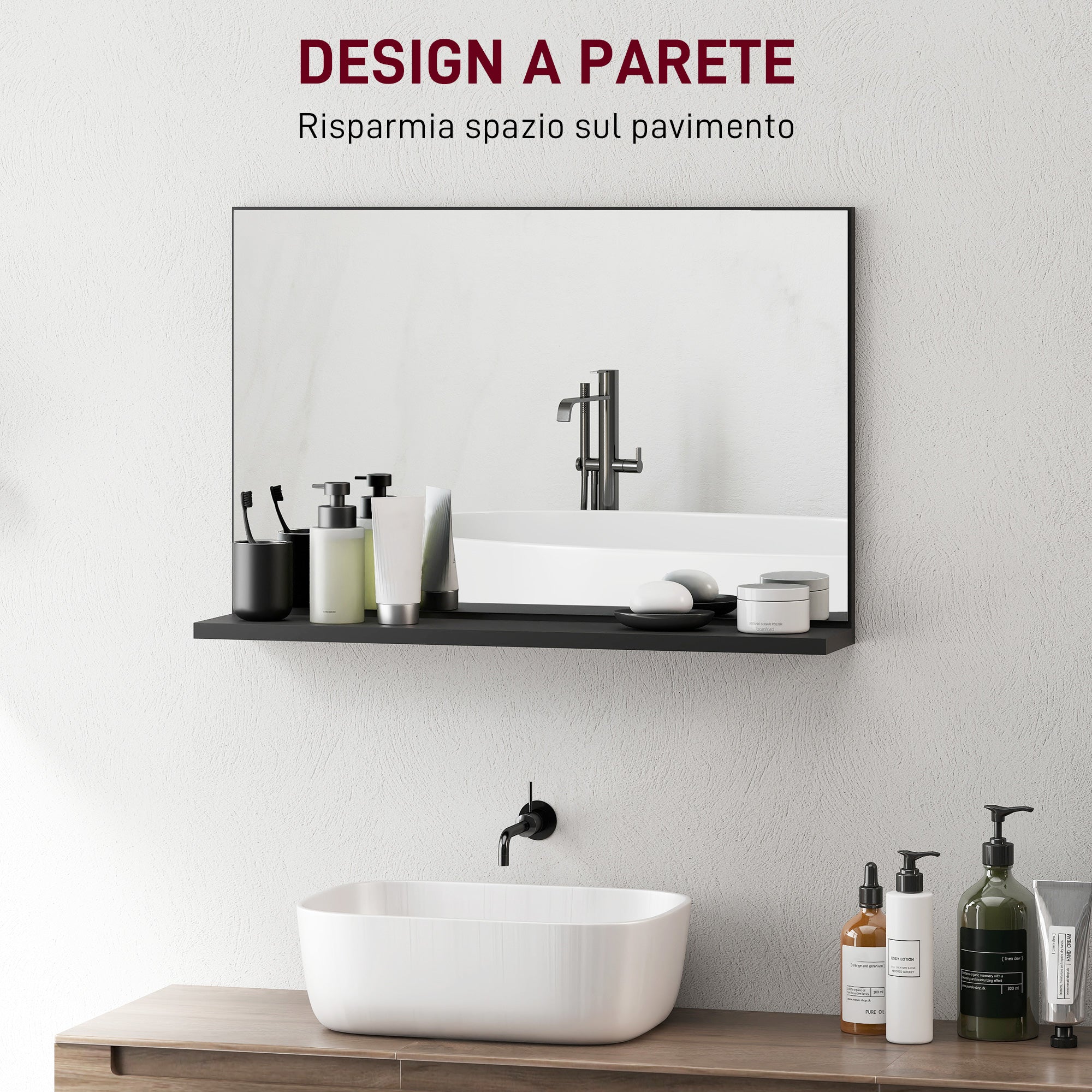 Wall Bathroom Mirror with Shelf, Modern Multipurpose Mirror for Bathroom, Bedroom, and Entryway, 60x12x40 cm, Black