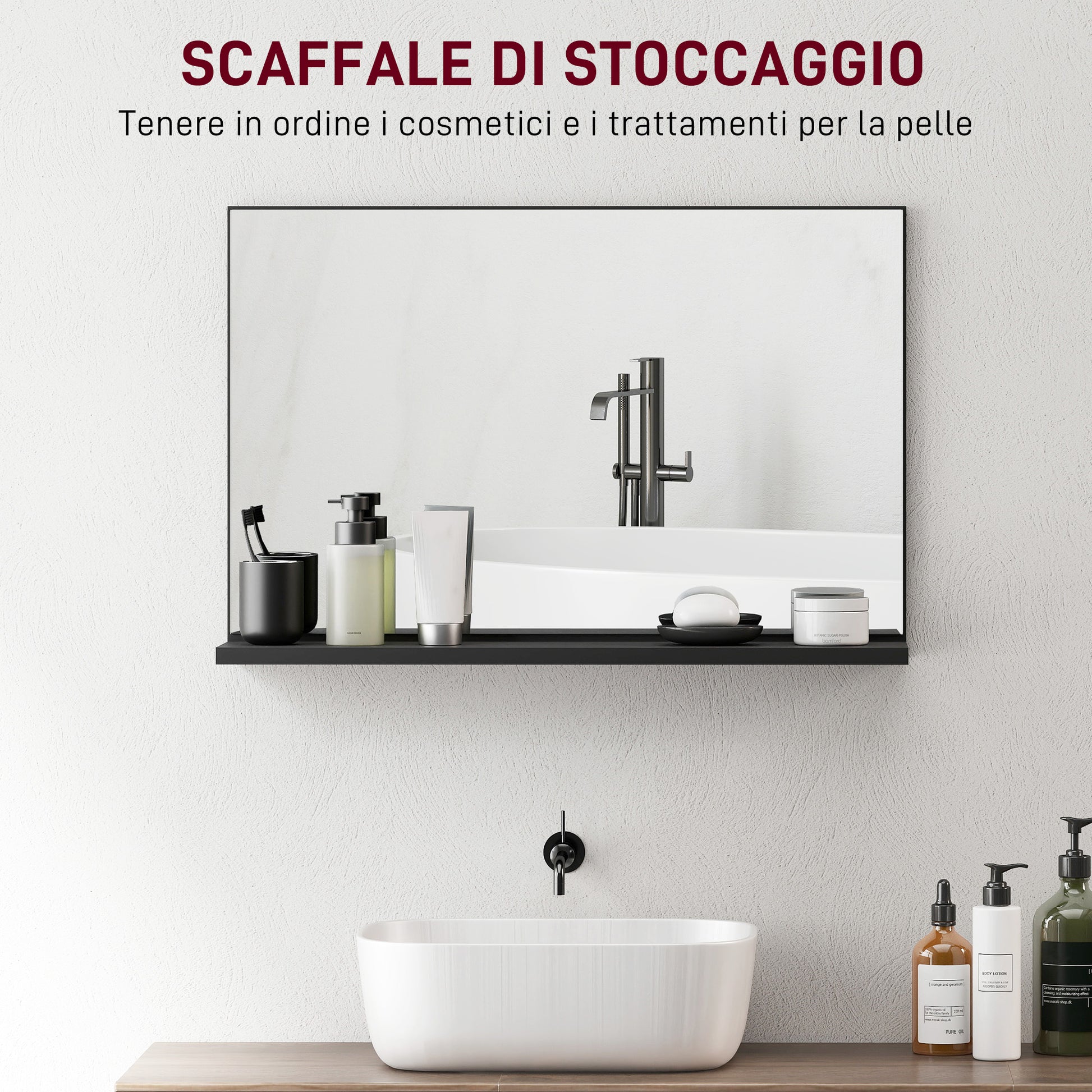 Wall Bathroom Mirror with Shelf, Modern Multipurpose Mirror for Bathroom, Bedroom, and Entryway, 60x12x40 cm, Black