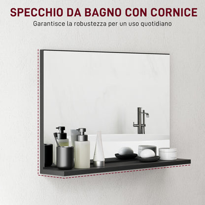 Wall Bathroom Mirror with Shelf, Modern Multipurpose Mirror for Bathroom, Bedroom, and Entryway, 60x12x40 cm, Black