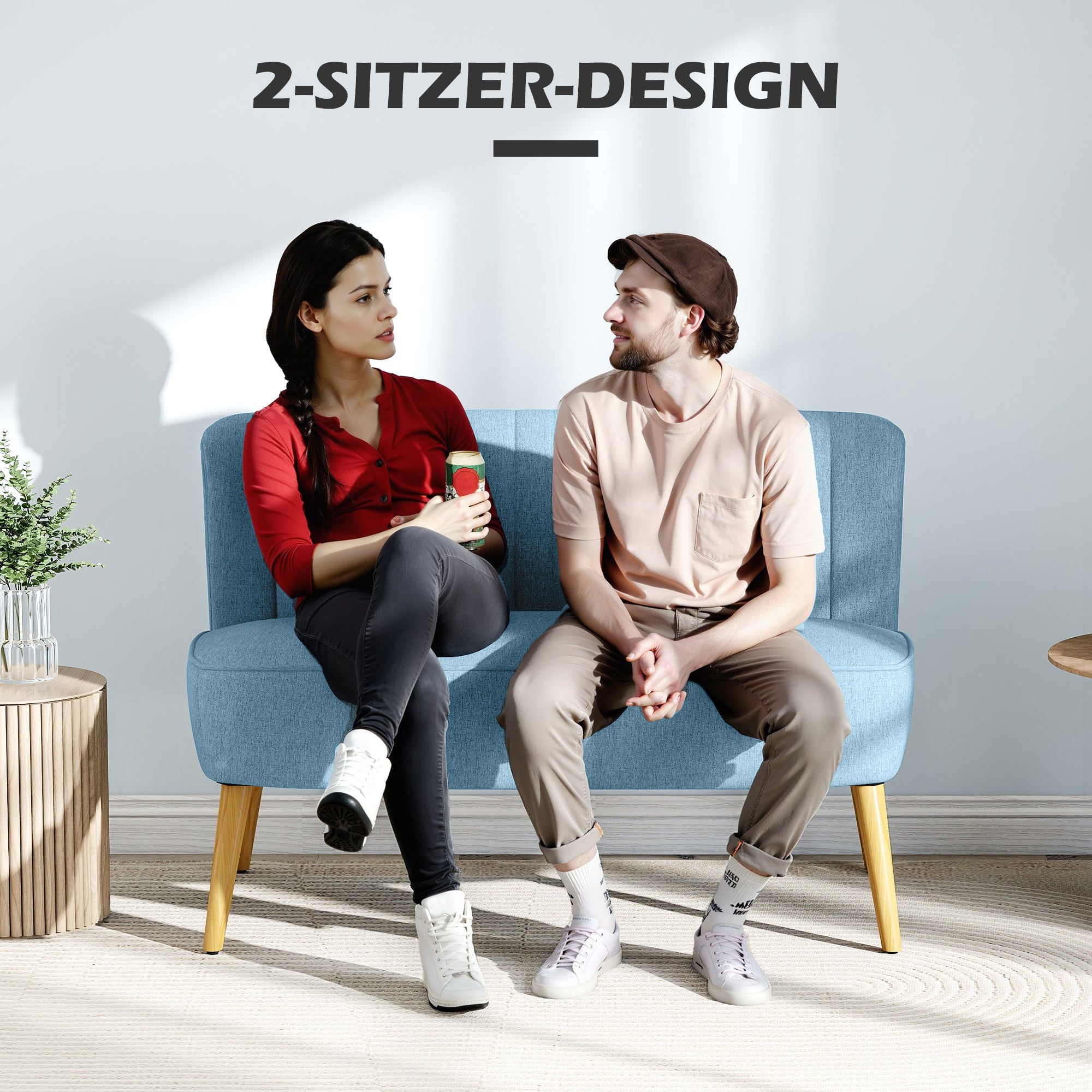 2-Seater Fabric Sofa Upholstered Sofa Double Sofa Retro Look Seat Furniture Lounge Sofa Wooden Frame Blue 117 x 56.5 x 77 cm