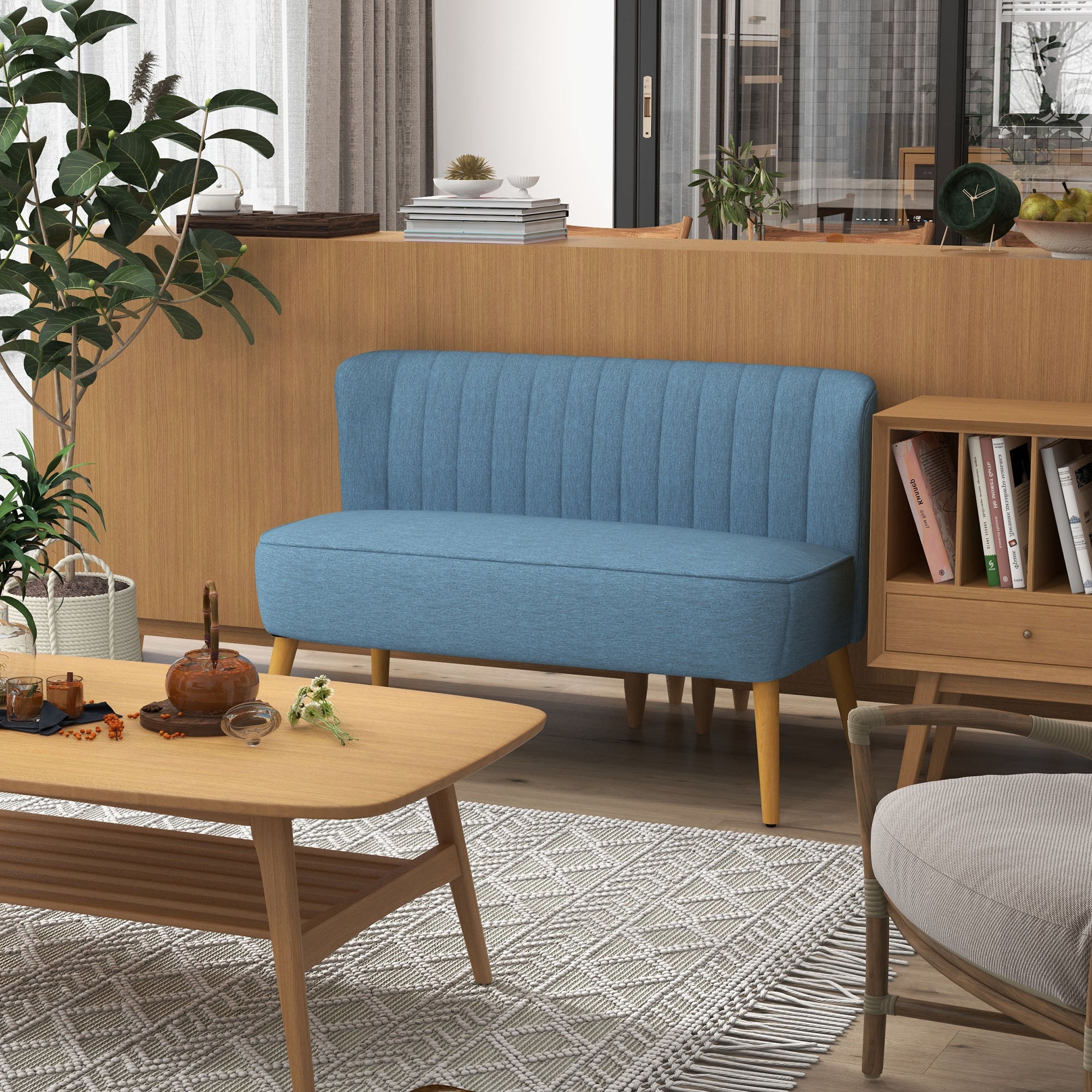 2-Seater Fabric Sofa Upholstered Sofa Double Sofa Retro Look Seat Furniture Lounge Sofa Wooden Frame Blue 117 x 56.5 x 77 cm
