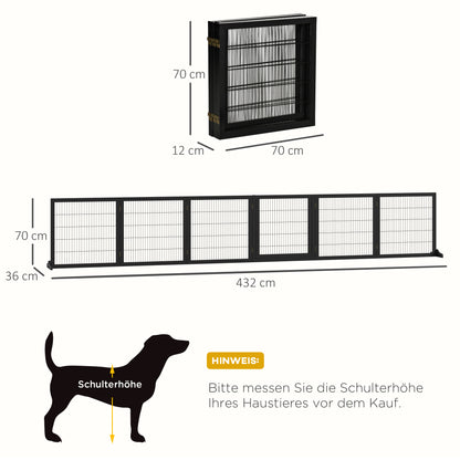 Dog Safety Gate Adjustable Pet Gate with Feet 432 x 70 cm Wooden Dog Gate Foldable Stair Gate Dog Safety Gate for Stairs, Doors, Hallway, 6 Panels, Black
