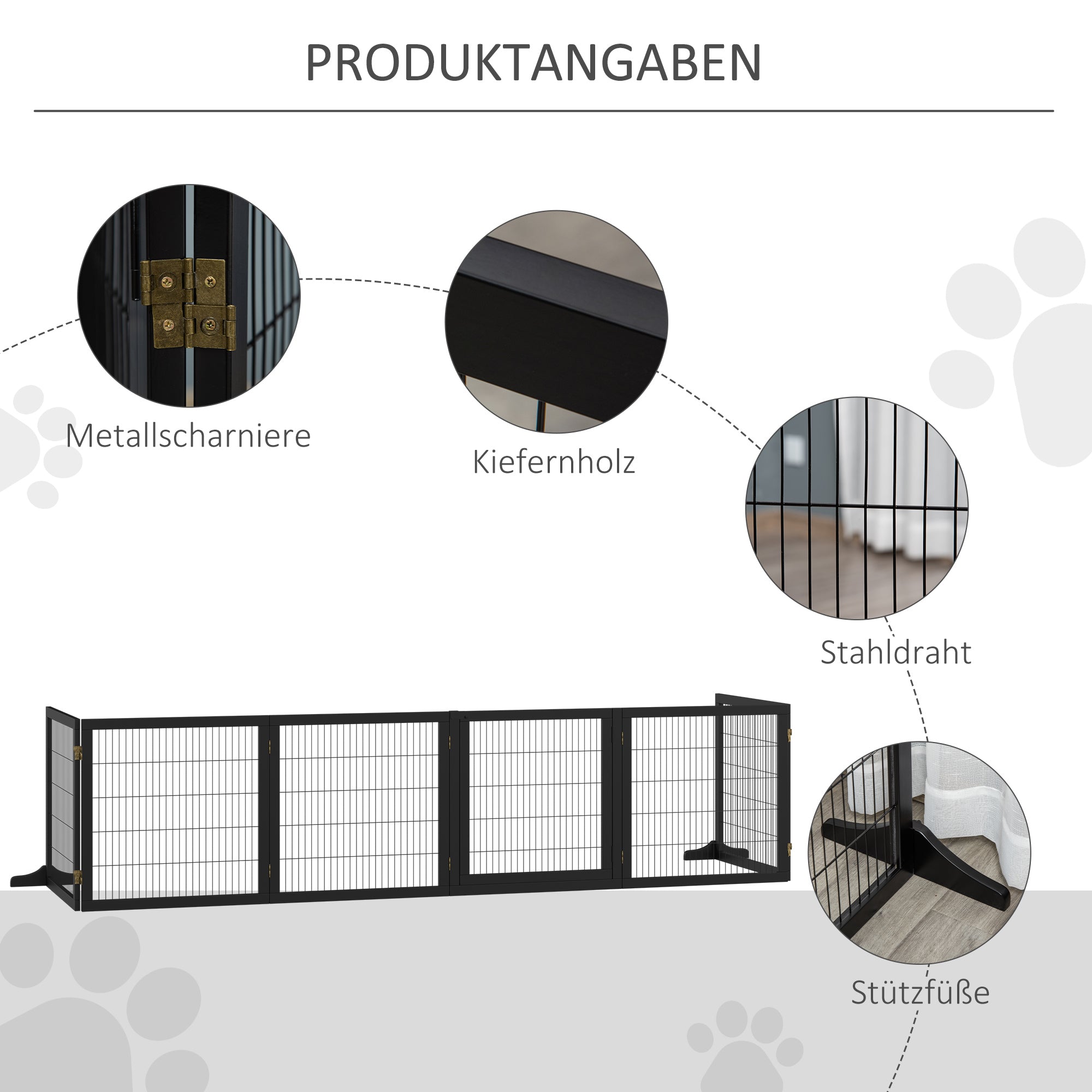 Dog Safety Gate Adjustable Pet Gate with Feet 432 x 70 cm Wooden Dog Gate Foldable Stair Gate Dog Safety Gate for Stairs, Doors, Hallway, 6 Panels, Black