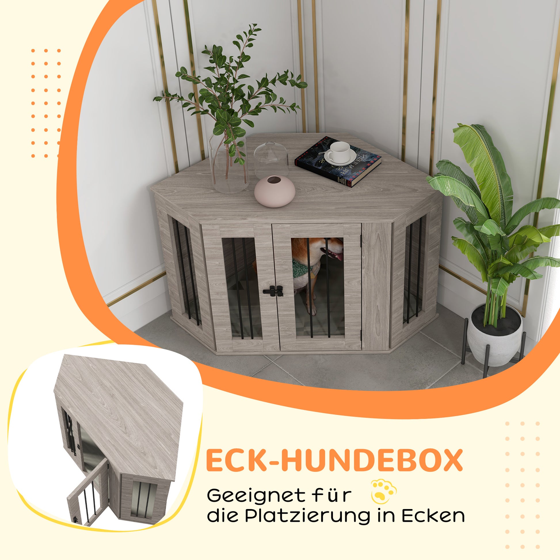 Dog Crate, Rectangular Dog House with Cushion, Pet Cage for Medium-Sized Dogs, Walnut, 104 x 55 x 63 cm